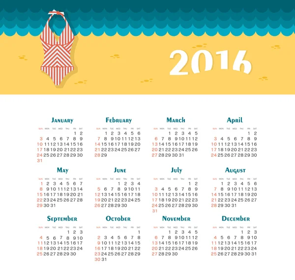 Sea Calendar for 2016. Week Starts Sunday. — Stock Vector