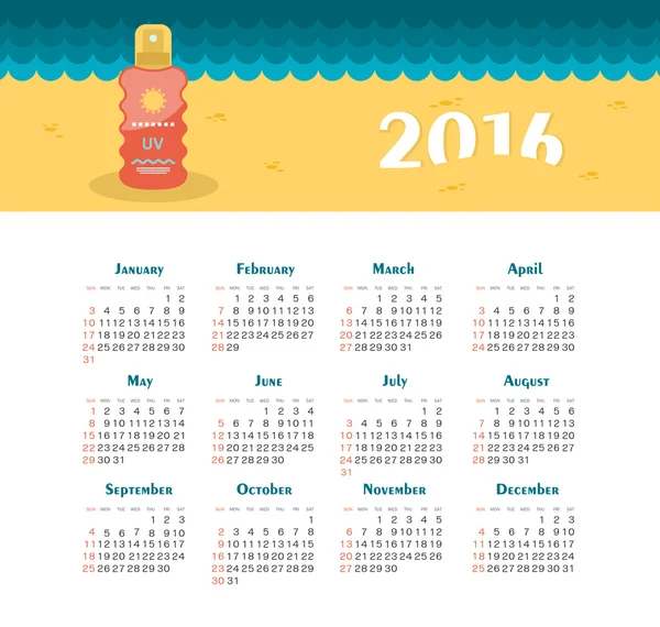 Sea Calendar for 2016. Week Starts Sunday. — Stock Vector