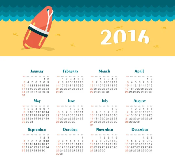 Sea Calendar for 2016. Week Starts Sunday. — Stock Vector