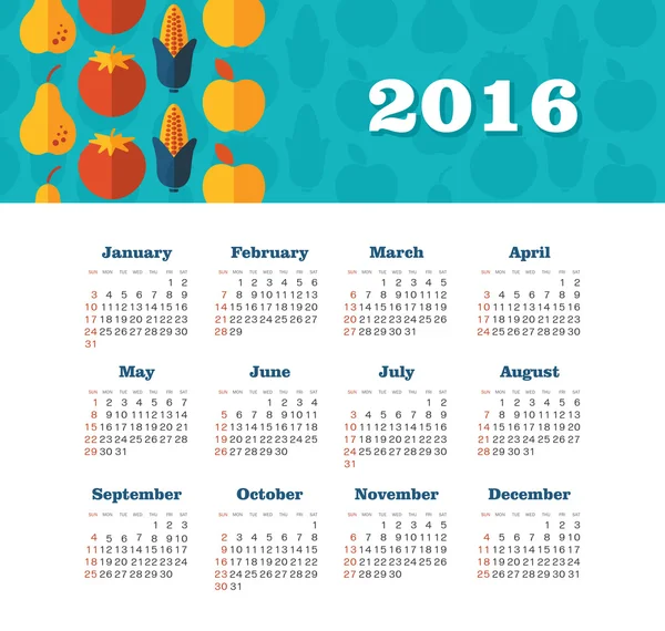 Calendario para 2016. Semana comienza el domingo . — Vector de stock