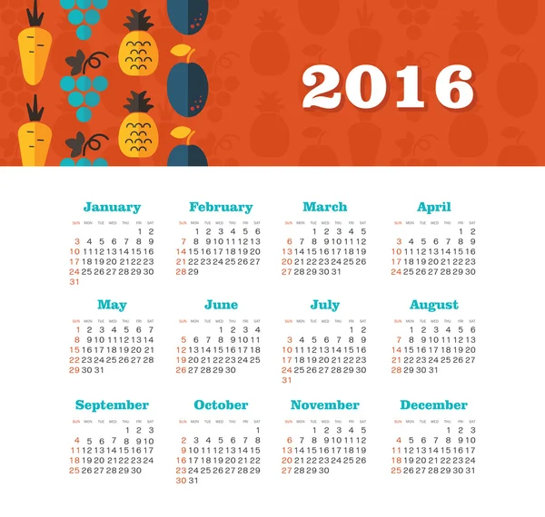 Calendar for 2016. Week Starts Sunday. — Stock Vector