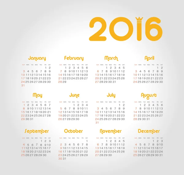 Kalender für 2016: Woche beginnt am Sonntag. — Stockvektor