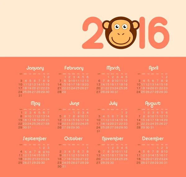 Kalender für 2016 mit Affen. Woche beginnt am Sonntag. — Stockvektor