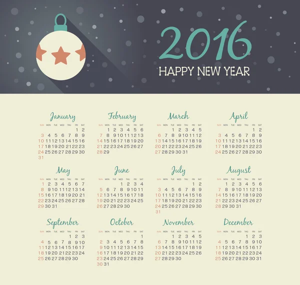 Calendario 2016 año con bola de Navidad — Archivo Imágenes Vectoriales