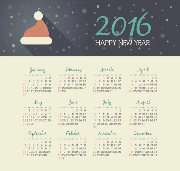 Kalender 2016 Jahr mit Weihnachtsmütze — Stockvektor