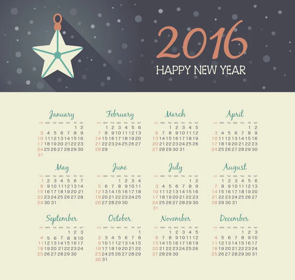 Calendario 2016 año con la estrella de Navidad — Archivo Imágenes Vectoriales