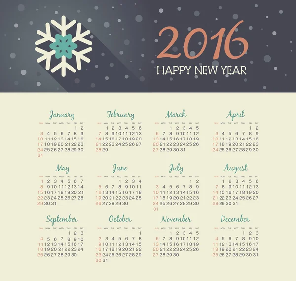 Calendario 2016 año con copo de nieve de Navidad — Archivo Imágenes Vectoriales