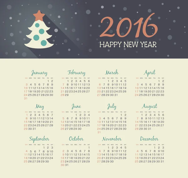 Calendario 2016 año con árbol de Navidad — Archivo Imágenes Vectoriales