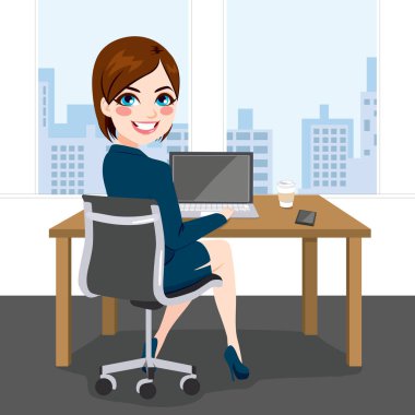 Beautiful brunette successful businesswoman back view sitting working with laptop at office clipart