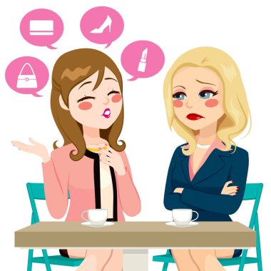 Young girl gossiping boasting about her life having coffee with adult woman in disbelief or disappointment clipart