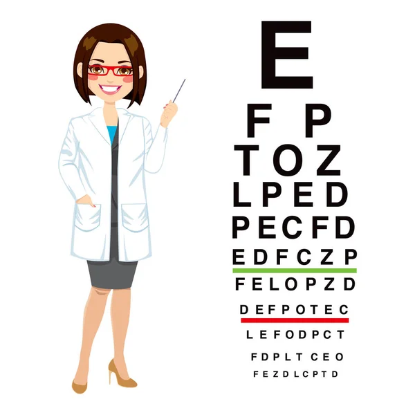 Gyönyörű Professzionális Női Optikus Rámutatva Snellen Chart Elszigetelt Fehér Háttér — Stock Vector