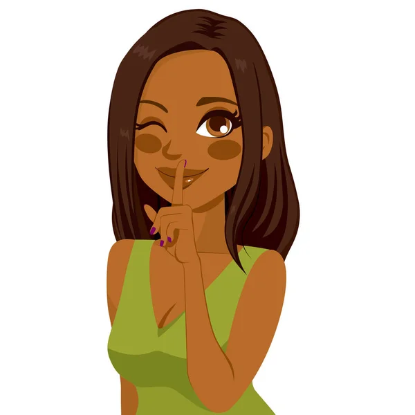 Vacker Afroamerikansk Flicka Blinkar Och Gör Tystnad Eller Hemlig Hand — Stock vektor