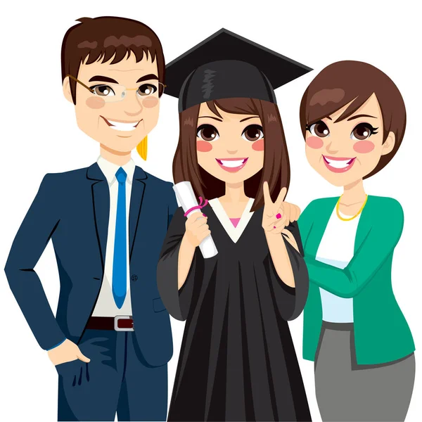 Parents Standing Proud Happy Daughter Holding Diploma Graduation Ceremony — Stock Vector