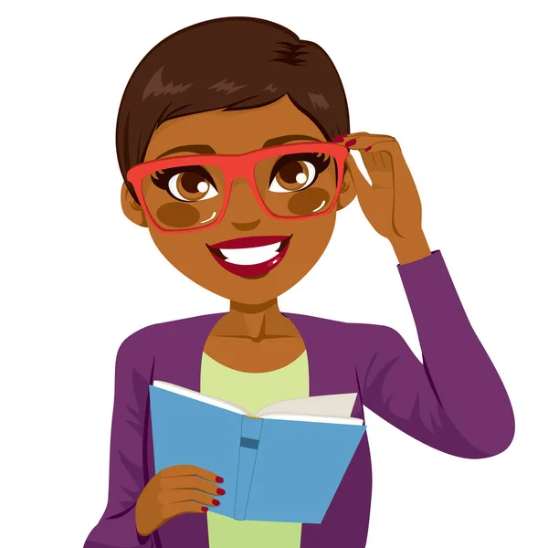 Hermosa Chica Afroamericana Sosteniendo Gafas Leyendo Libro Feliz Sonriendo Mirando — Archivo Imágenes Vectoriales