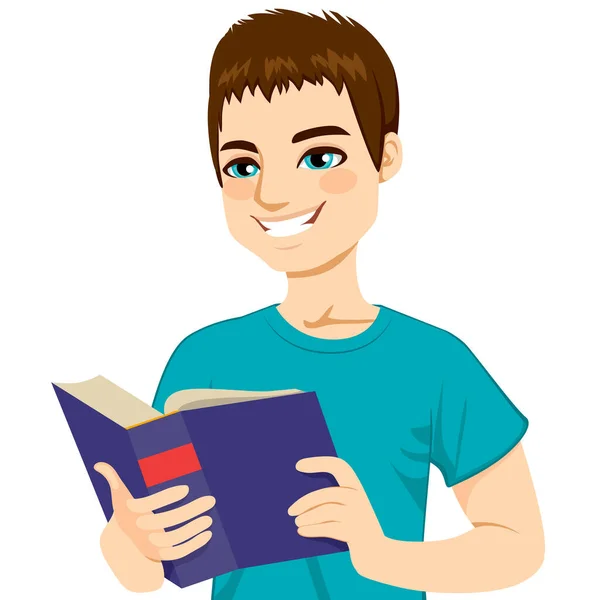 Young Brown Haired Man Happy Enjoying Reading Big Thick Book — Stock Vector