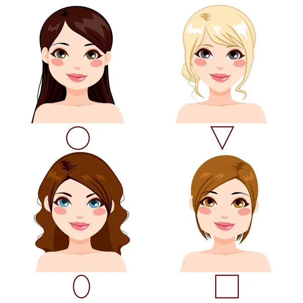 Différentes Femmes Avec Différents Types Forme Visage Coiffures — Image vectorielle