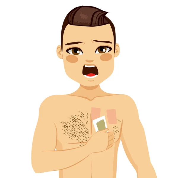 Young Man Waxing His Chest Depilate Body Hair Screaming Pain — Stock Vector