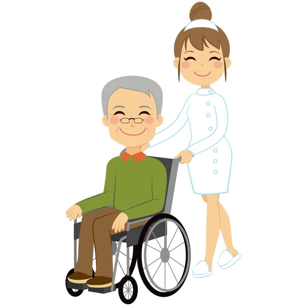 Starszy Pacjent Wózku Inwalidzkim Piękną Młodą Pielęgniarką — Wektor stockowy