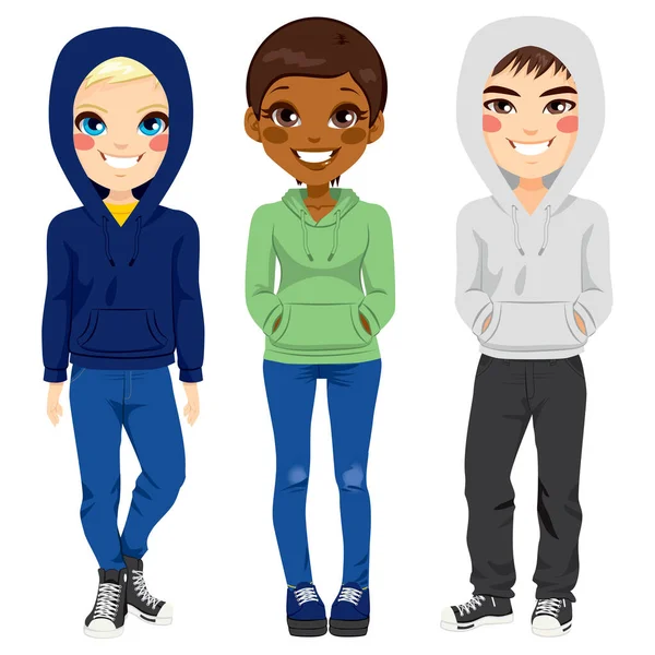 Full Body Illustration Three Happy Young Teenagers Boys Girl Different — Stock Vector