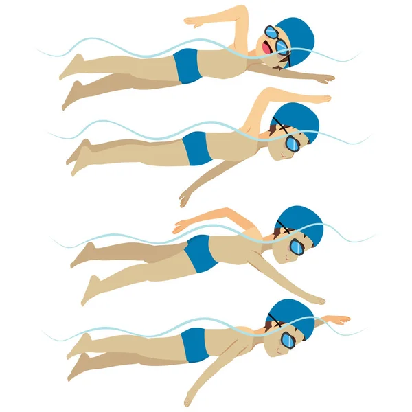 Çeşitli Pozlarda Serbest Stil Yüzme Eğitimi Veren Sporcularla Dolu — Stok Vektör