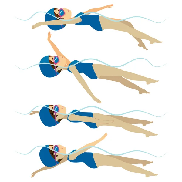Zestaw Sportowcem Kobieta Pływanie Udar Pleców Różnych Pozach Treningu — Wektor stockowy