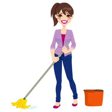 Woman doing chores cleaning the floor with mop and mop bucket