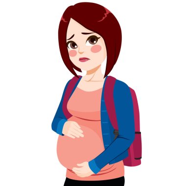 Young sad teenager girl with worried look touching her belly clipart