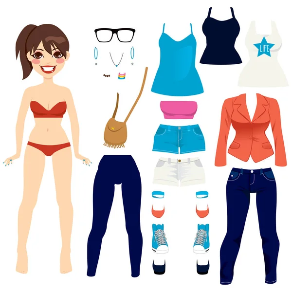 Pretty Ponytail Hairstyle Brunette Paper Doll Women Clothing Set Collection — Stock Vector