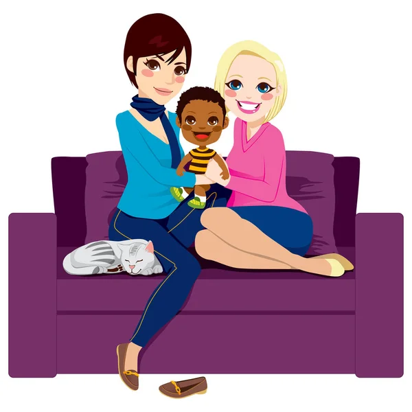 Young Lesbian Couple Sitting Couch Holding Hugging Adopted African Baby — Stock Vector