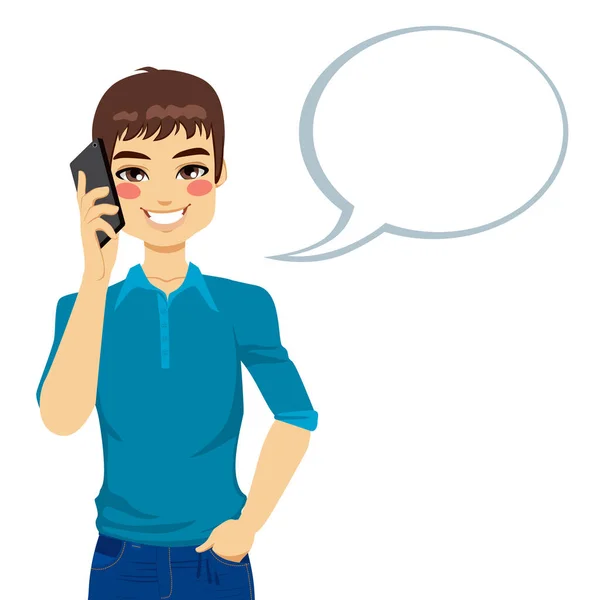 Young Man Speaking Using His Mobile Phone Speech Bubble — Stock Vector