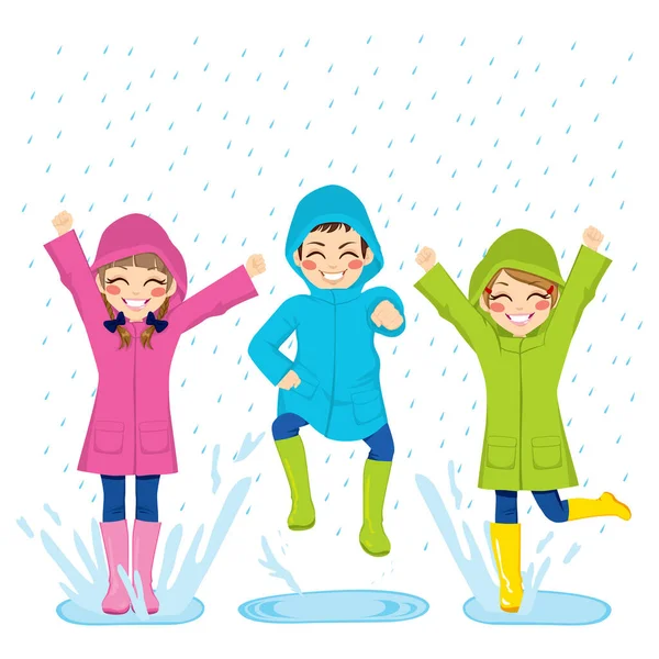 Little Kids Playing Puddles Wearing Colorful Raincoats Boots — Stock Vector