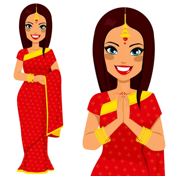 Tradycyjna Hinduska Kobieta Trzymająca Się Ręce Pozycji Modlitewnej Pełnej Pozycji — Wektor stockowy