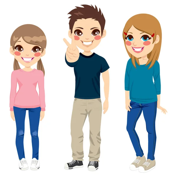 Ilustración Cuerpo Completo Tres Jóvenes Adolescentes Felices Sonriendo Con Ropa — Vector de stock