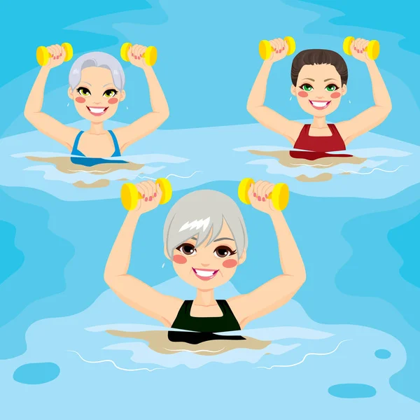 Small group of senior women making aqua gym exercises with dumbbells in swimming pool at the sports center