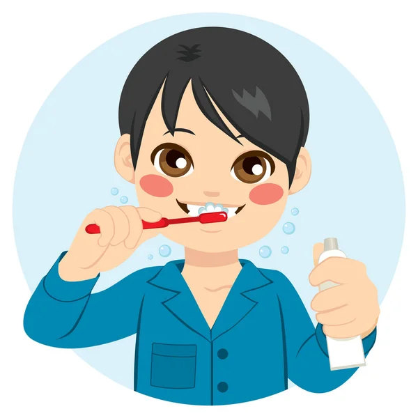 Lindo Chico Cepillándose Los Dientes Sosteniendo Pasta Dientes — Vector de stock