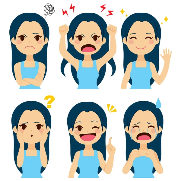 Linda Chica Joven Conjunto Con Seis Expresiones Diferentes — Vector de stock