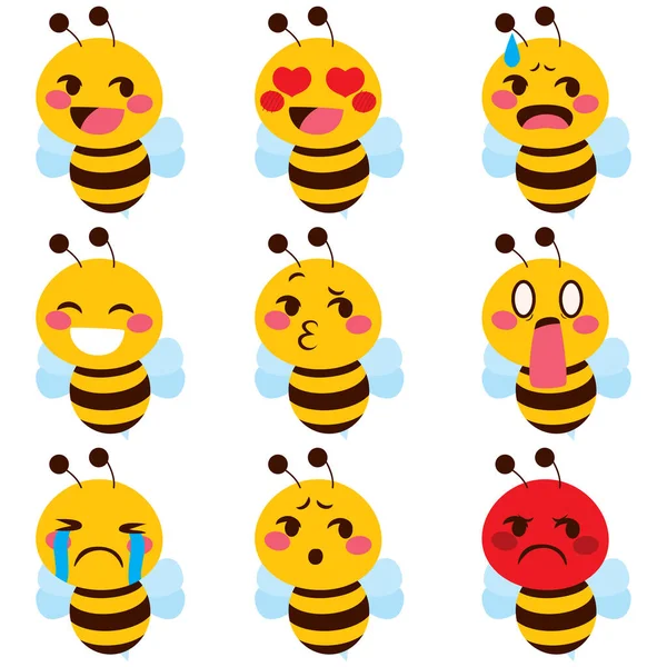 Conjunto Linda Mascota Abeja Emoji Diferentes Expresiones Faciales — Vector de stock