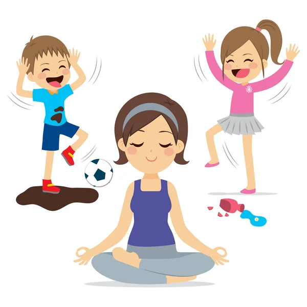 吵闹的孩子玩耍 妈妈放松地做瑜伽 — 图库矢量图片