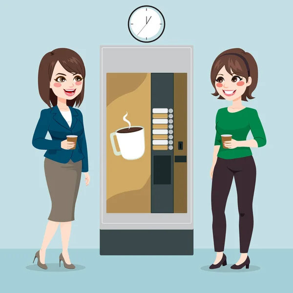 Two Beautiful Young Business Woman Team Having Coffee Vending Machine — Stock Vector