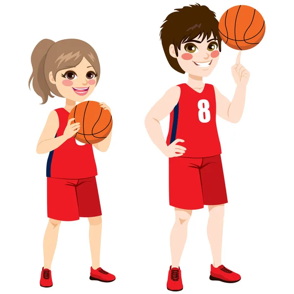 Young Basketball Children Players Standing Ball — Stock Vector