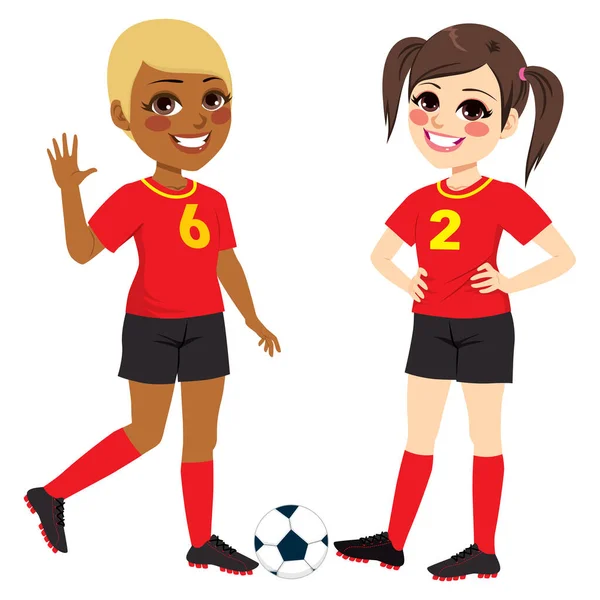 两名身穿黑色和红色制服的年轻女子足球运动员 — 图库矢量图片