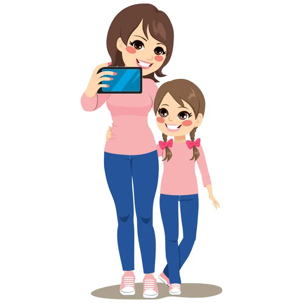 Beautiful Mother Daughter Happy Making Selfie Together Same Pink Shirt — Stock Vector