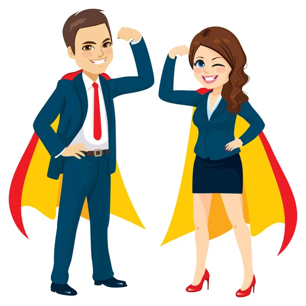 Superhero Business Man Woman Team Together Capes Arm Power Concept — Stock Vector