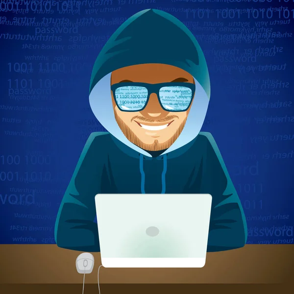ラップトップを使用した若いハッカーの男開発コードサイバー犯罪の概念 — ストックベクタ