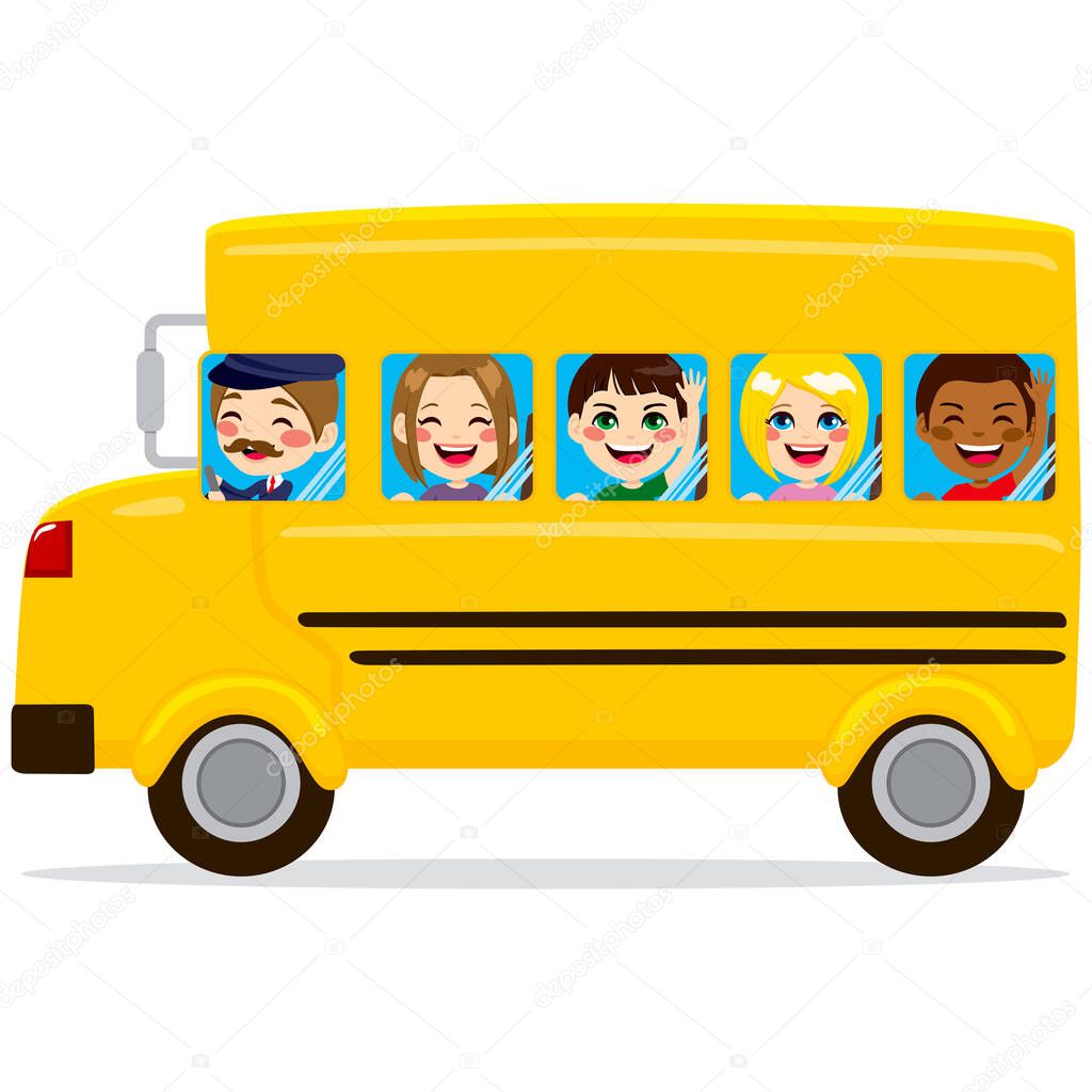 Şirin Çocuklar Şoförle Okul Otobüsünün Resmi ©Kakigori 422038098e ait Stok  Vektör