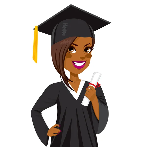 Beautiful African American Girl Graduation Day Holding Diploma Hand Hip — Stock Vector