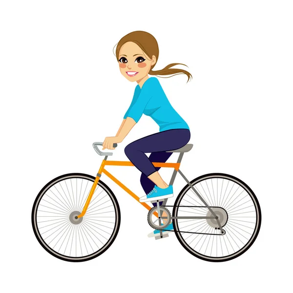 Hermosa Chica Joven Montando Bicicleta Feliz Perfil Lateral Ver — Vector de stock