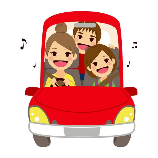 Happy Mom Kids Singing Car Driving School — Stock Vector