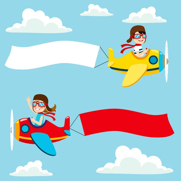 白と赤の空の旗を持つ飛行機の小さなパイロットの子供 — ストックベクタ