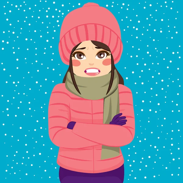 在寒冷的冬天 外面的女人穿着暖和的衣服在雪天发抖 — 图库矢量图片